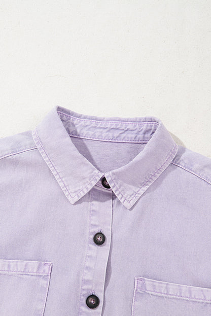 Pink Double Chest Pocket Denim Shirt Dress