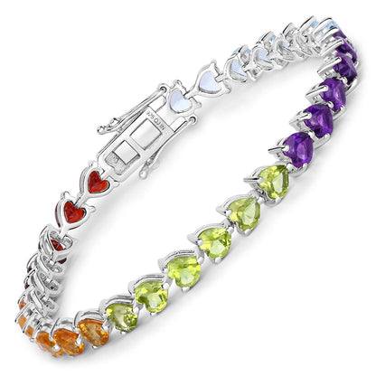 Heart Multi Birthstone Prong Silver Box Clasp Tennis Bracelet