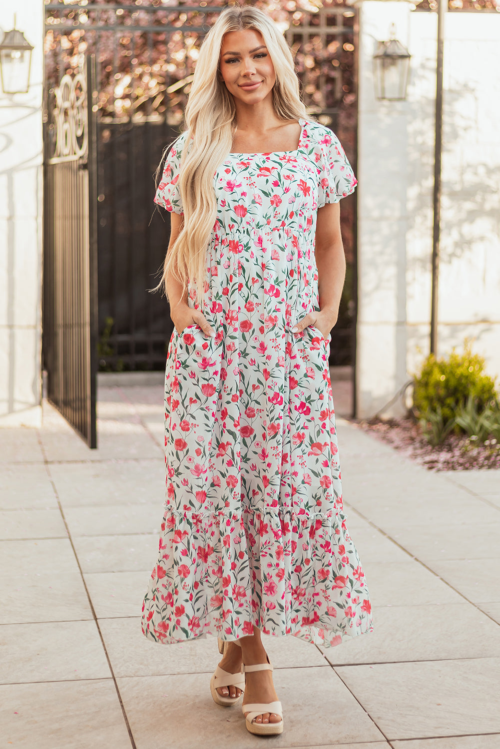 Threaded Pear Molly Floral Square Neck Empire Waist Tiered Maxi Dress