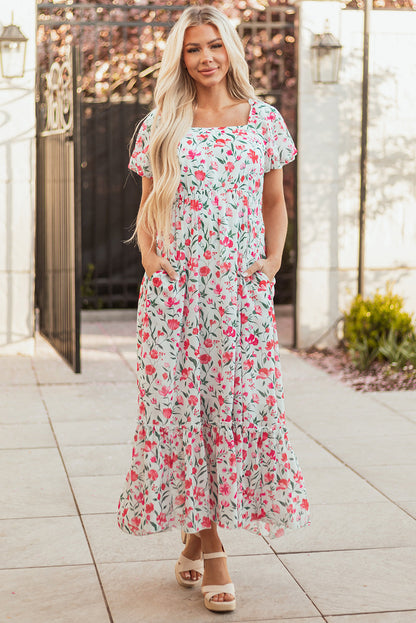 Threaded Pear Molly Floral Square Neck Empire Waist Tiered Maxi Dress