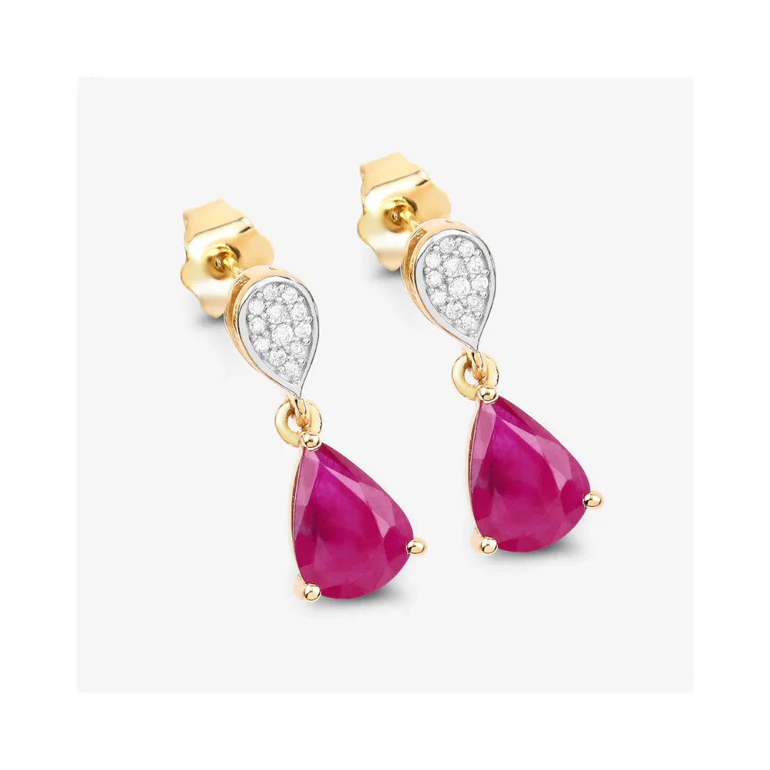 2.38 Ct Pear Pink Ruby & Diamond Prong 10K Gold Teardrop Dangle Earrings