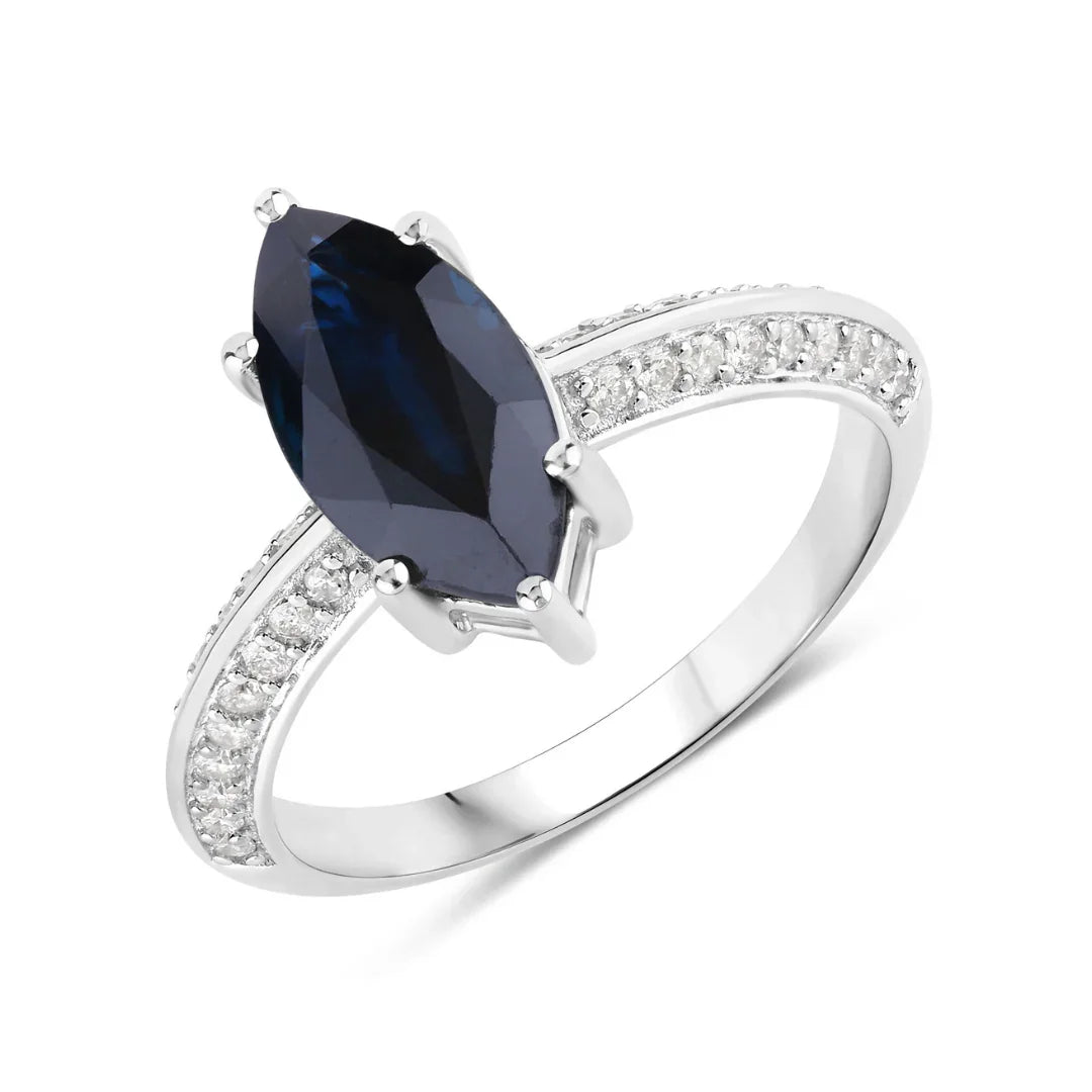 2.10 Ct Marquise Blue Sapphire & Lab Grown Diamond Prong 10K Gold Pave Bridge Ring