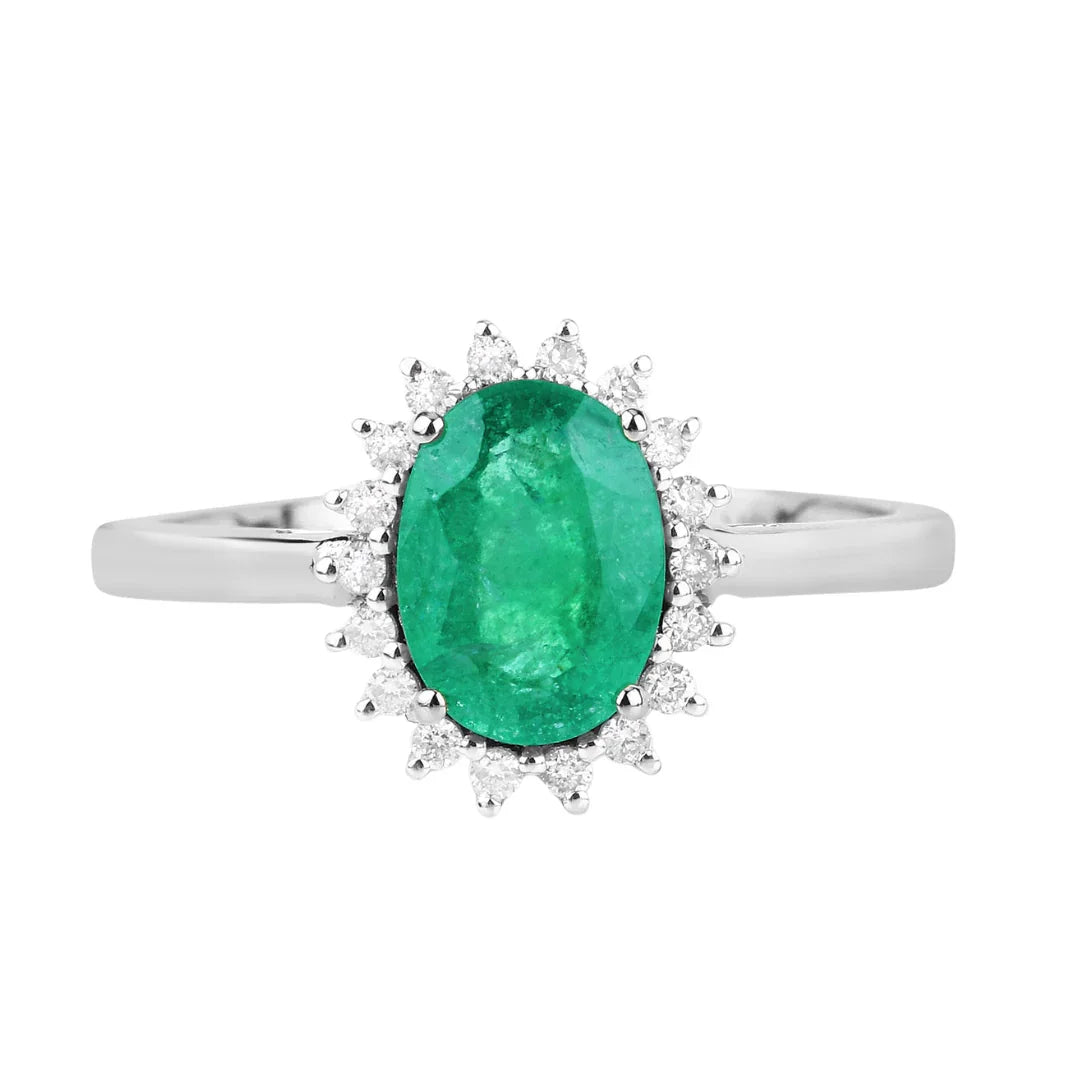 1.20 Ct Oval Green Zambian Emerald Diamond Prong 10k Gold Halo Ring