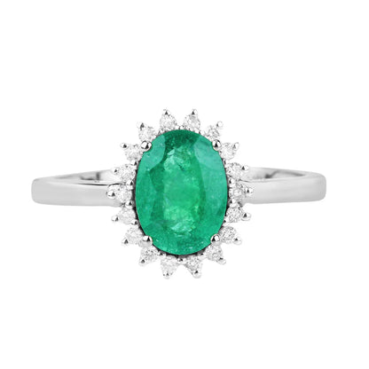1.20 Ct Oval Green Zambian Emerald Diamond Prong 10k Gold Halo Ring