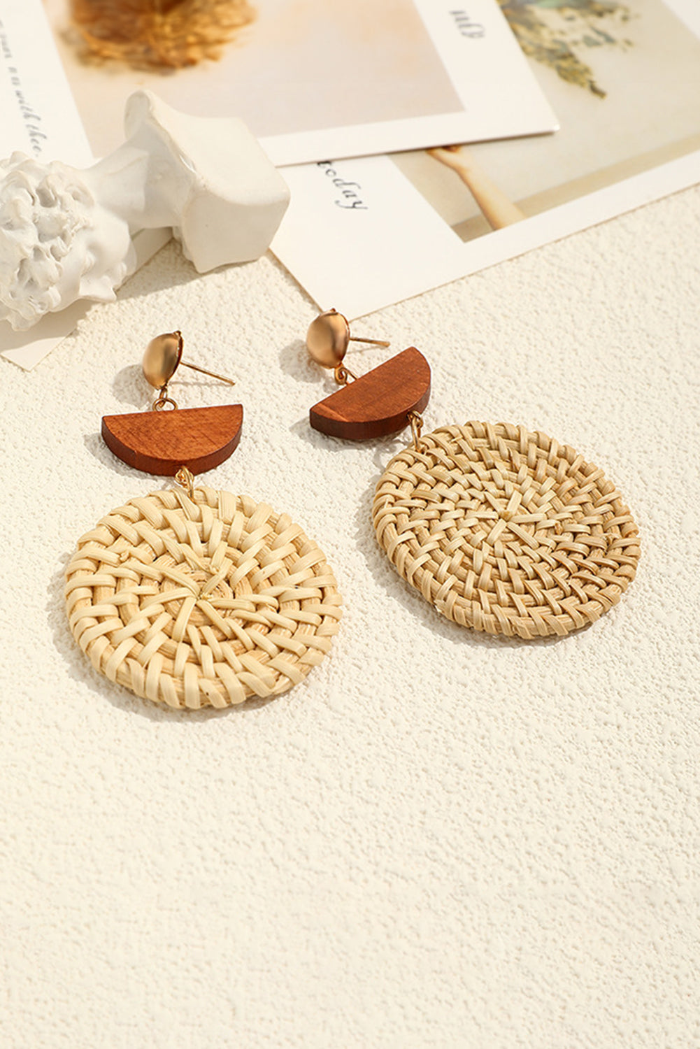 Threaded Pear Beige Wooden Woven Disc Dangle Earrings