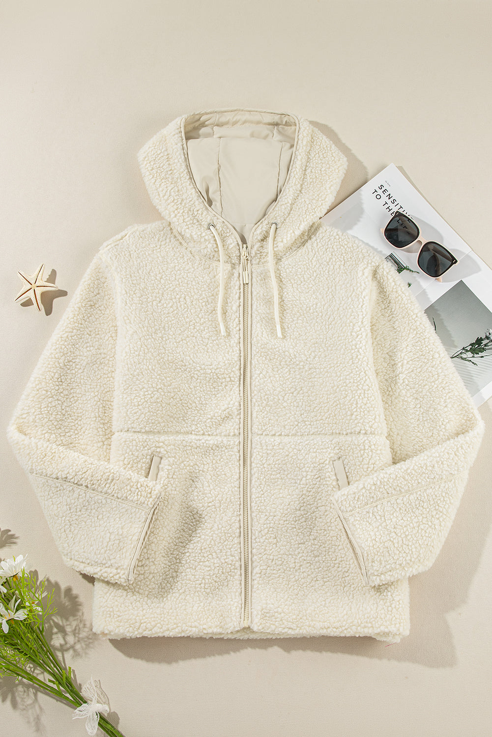 Threaded Pear Fleece Zip Up Drawstring Hooded Pocketed Jacket