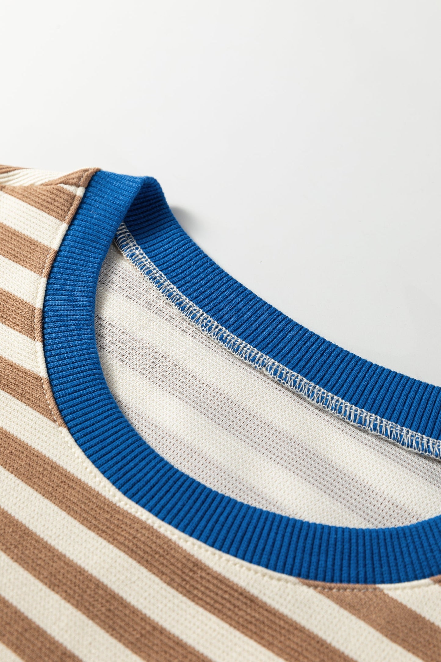 Kimberly Stripe Short Puff Sleeve Contrast Trim Round Neck Tee - Brown
