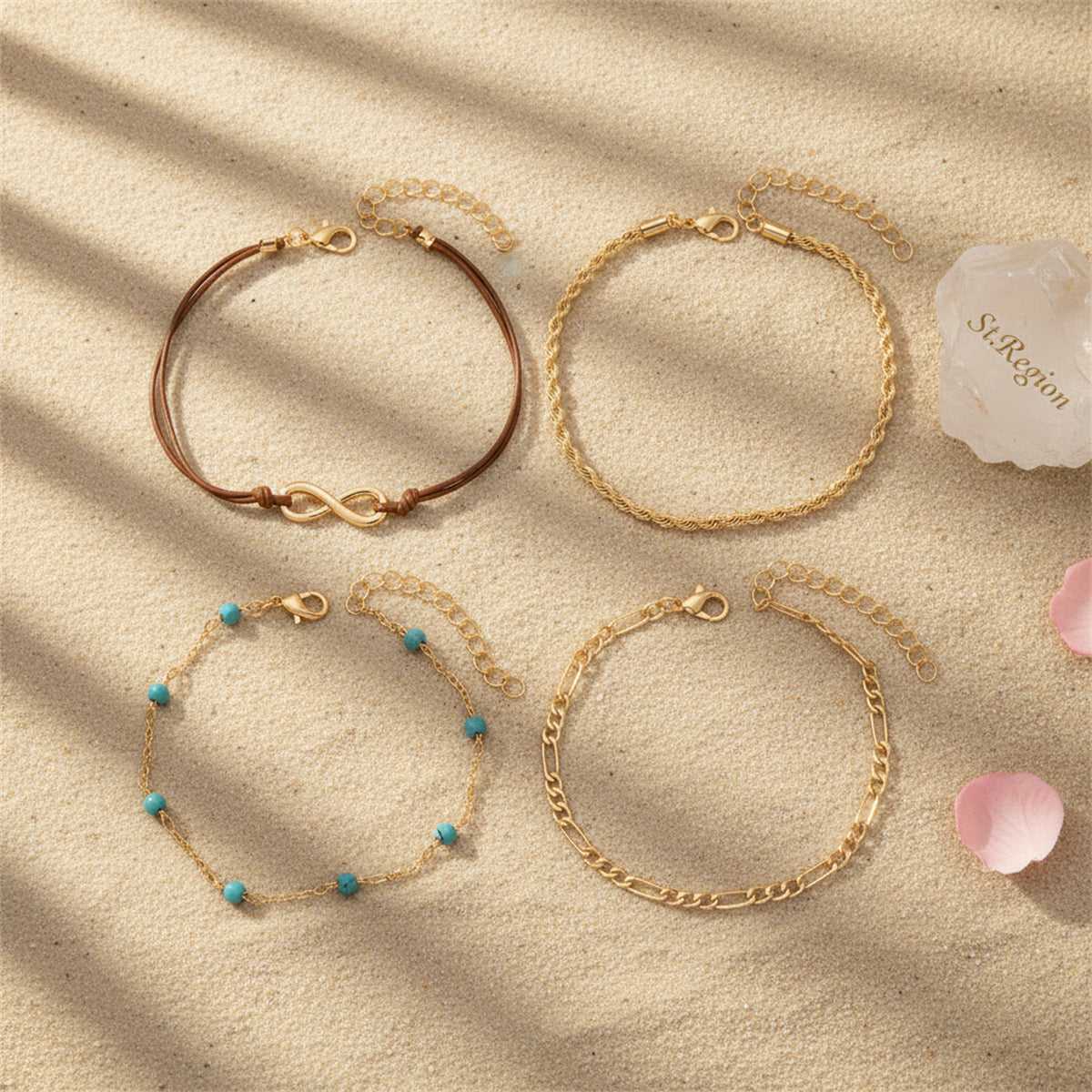 Turqouise & Polyster Goldtone Beads Chain Infinity Sign Charm Anklet Set