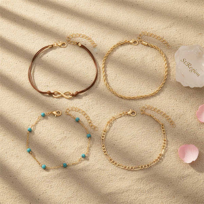 Turqouise & Polyster Goldtone Beads Chain Infinity Sign Charm Anklet Set