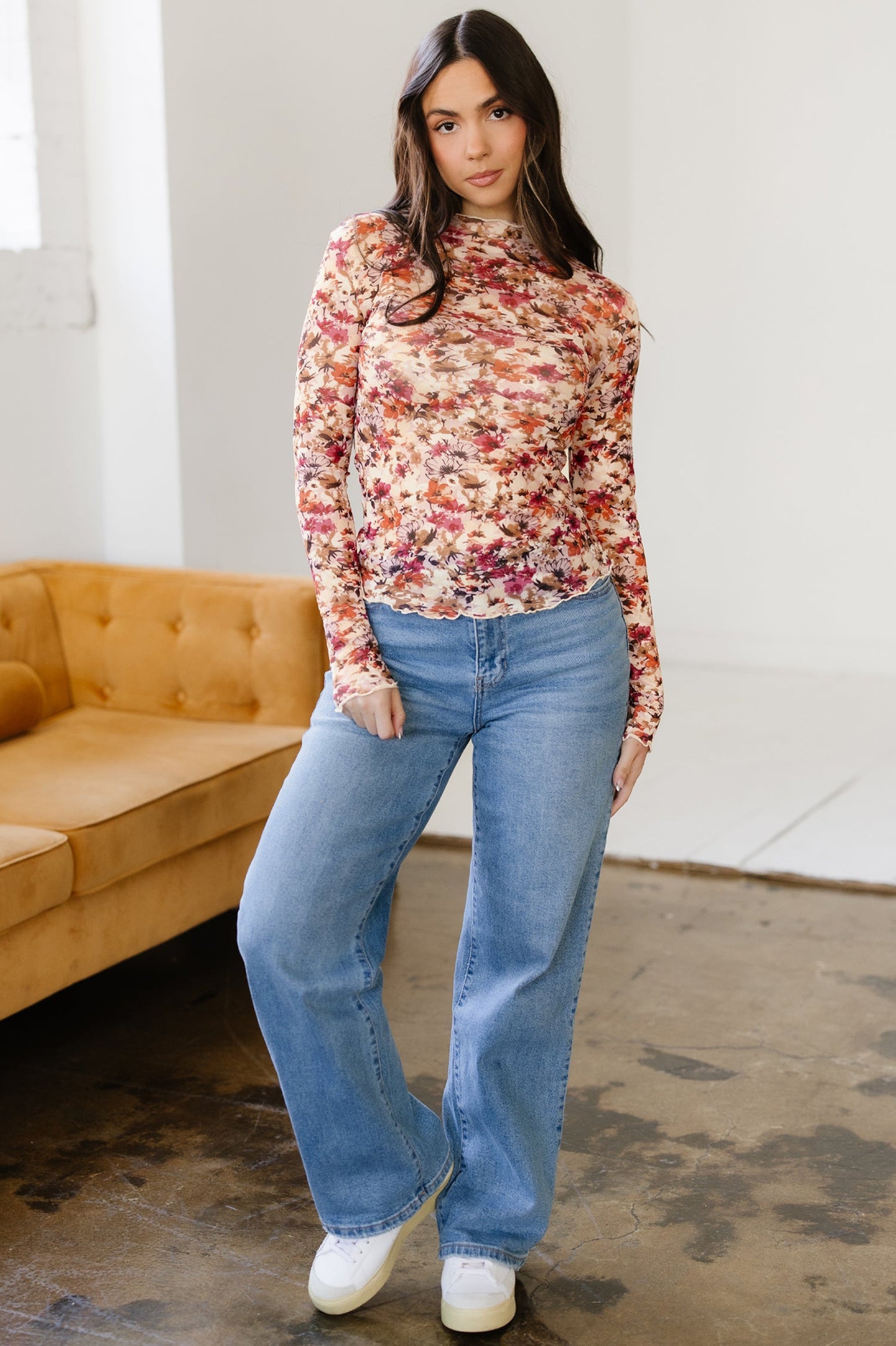 Threaded Pear Virginia Floral Print Mesh Long Sleeve Top
