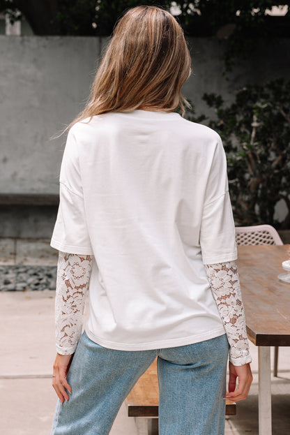 Threaded Pear Hallie Lace Long Sleeve Insert Drop Shoulder Top