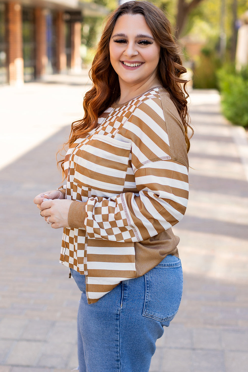 Threaded Pear Khaki Striped Checkered Mixed Print Chest Pocket Casual Plus Size Top