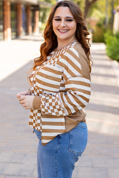 Threaded Pear Khaki Striped Checkered Mixed Print Chest Pocket Casual Plus Size Top