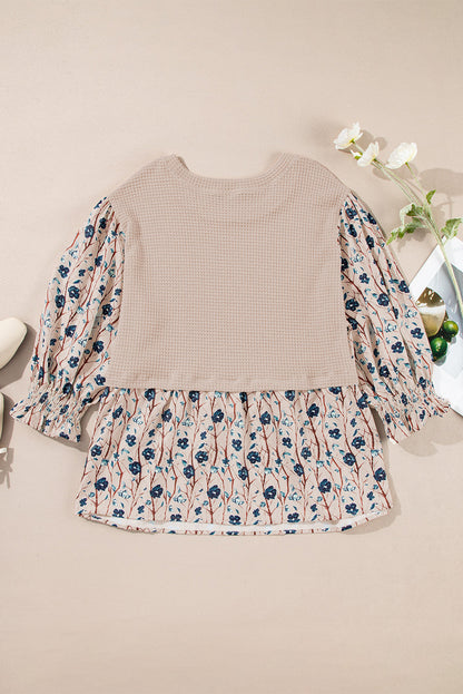 Threaded Pear Beige Faux Two Piece Knit Patchwork Floral Print Plus Size Top