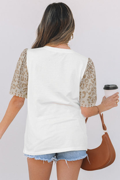 Threaded Pear Leona Leopard Lace Trim Puff Sleeve Top