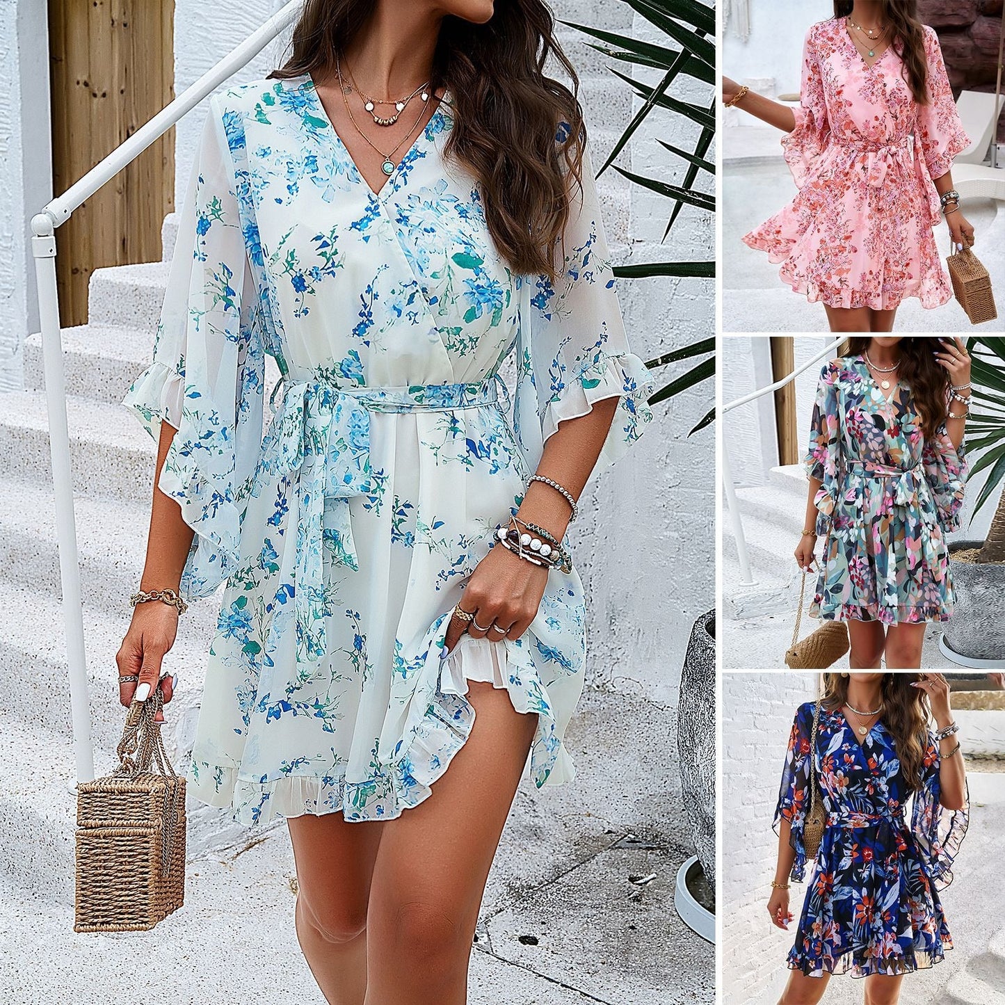 Ladies’ Elegant Spring and Summer Temperament Printed Lace up Dress