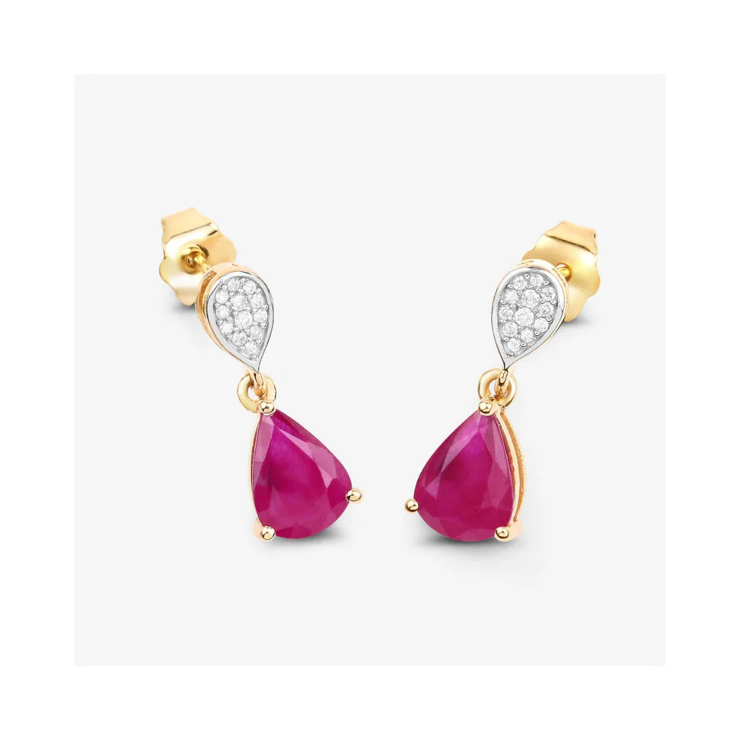 2.38 Ct Pear Pink Ruby & Diamond Prong 10K Gold Teardrop Dangle Earrings