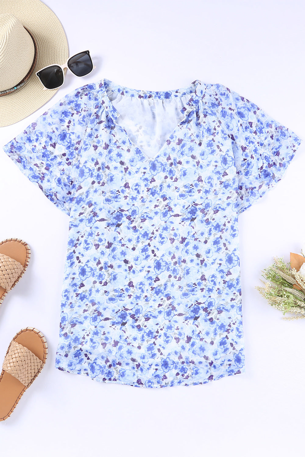 Threaded Pear Ellie Flutter Sleeve V Neck Floral Blouse