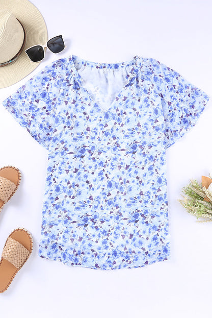 Threaded Pear Ellie Flutter Sleeve V Neck Floral Blouse