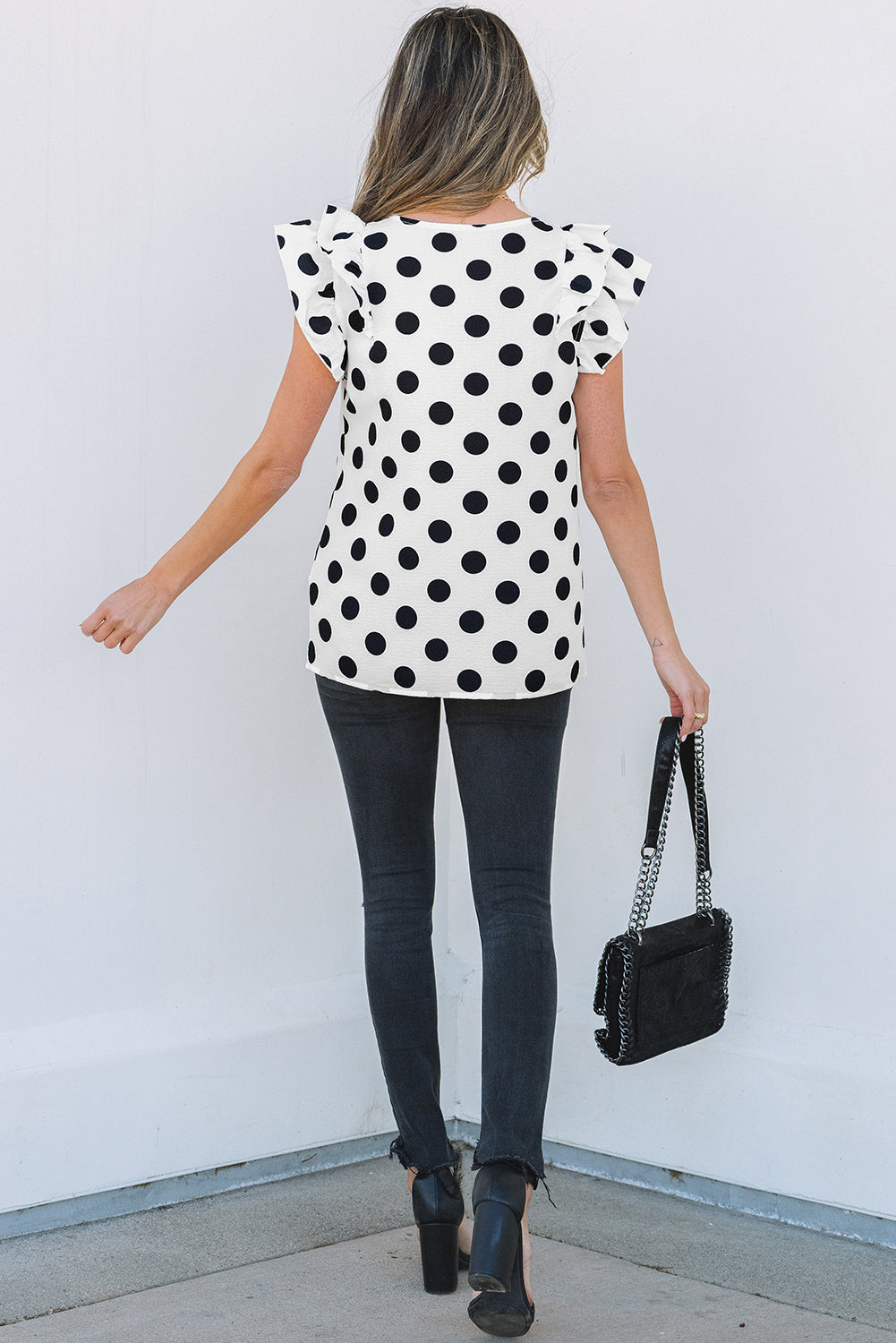 Threaded Pear Halo Polka Dot Ruffled Sleeve V Neck Blouse