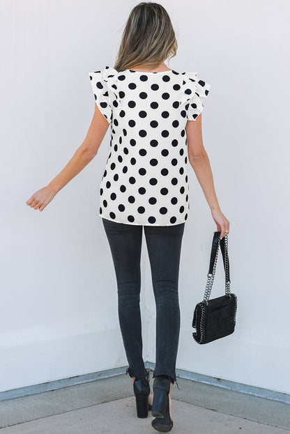 Threaded Pear Halo Polka Dot Ruffled Sleeve V Neck Blouse