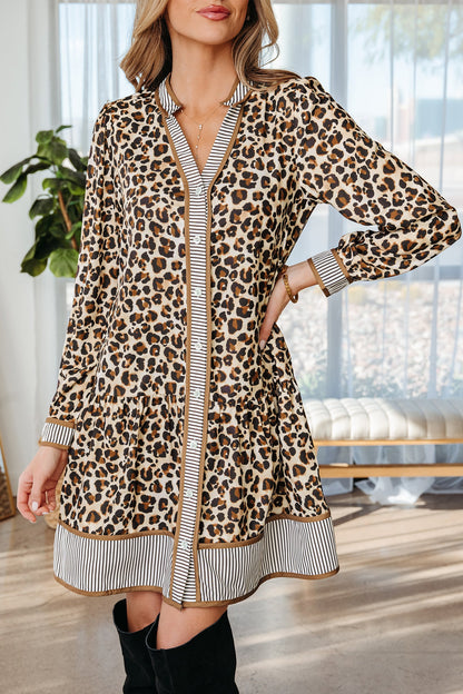 Brown Leopard Print Striped Patchwork 3/4 Sleeve Loose Mini Dress