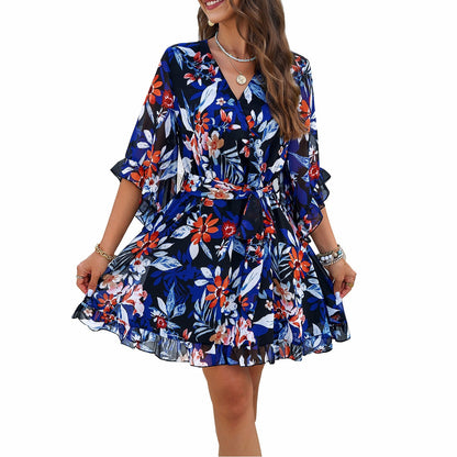 Ladies’ Elegant Spring and Summer Temperament Printed Lace up Dress