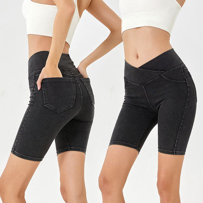 High-Waist Stretchy Denim Shorts with Pockets – Slimming Casual Fitness Shorts