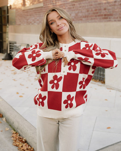 Flower Power Checkered Henley Sweater - Red Dahlia