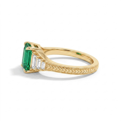 Octagon Sapphire, Emerald, Ruby and Lab Diamond 14K Yellow Gold Tapered Band Engagement Ring
