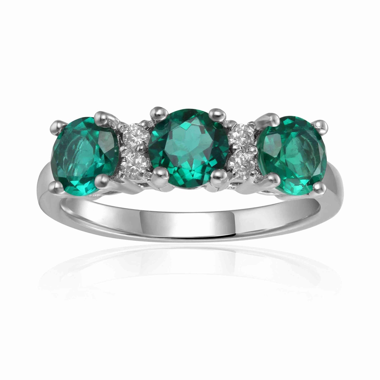 1.35 Ct Round Green Created Emerald Prong Silver Three Stone Engagement Ring