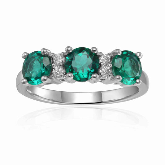 1.35 Ct Round Green Created Emerald Prong Silver Three Stone Engagement Ring