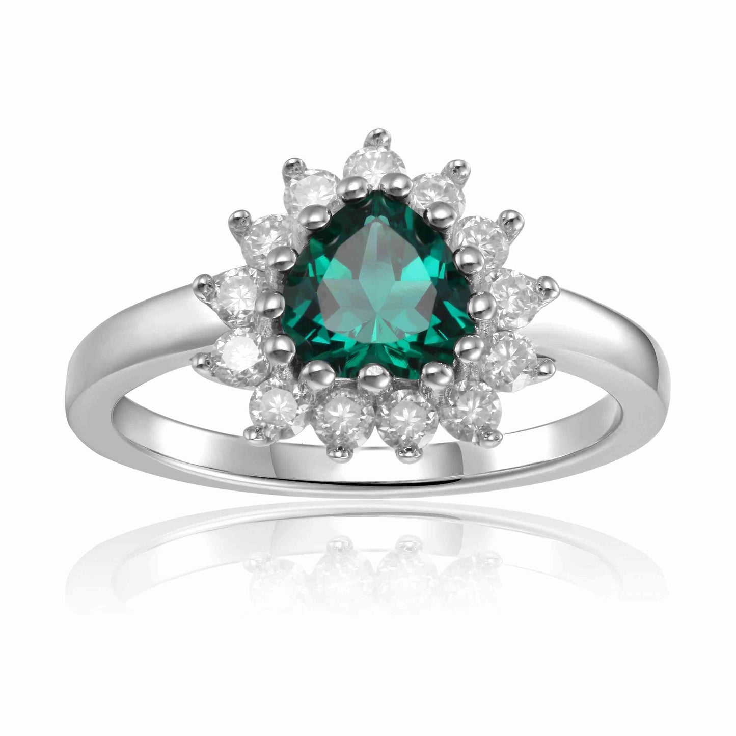 0.93 Ct Heart Green Created Emerald and White Topaz Prong Silver Floral Halo Ring