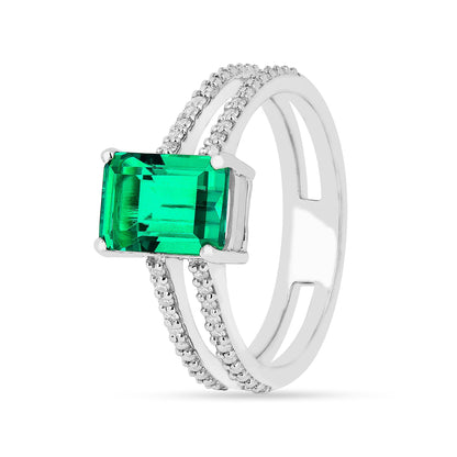 1.92 Ct Octagon Green Colombian Lab Created Emerald and Moissanite Prong Silver Double Band Ring