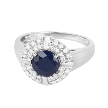 1.48 Ct Round Blue Sapphire Diamond Prong 10k Gold Halo Statement Ring