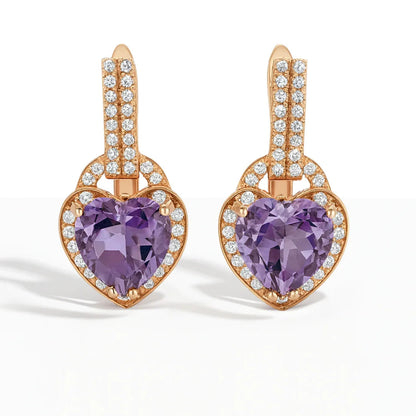 Natural Amethyst Heart Leverback Silver Drop Earrings