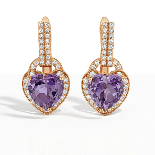 Natural Amethyst Heart Leverback Silver Drop Earrings