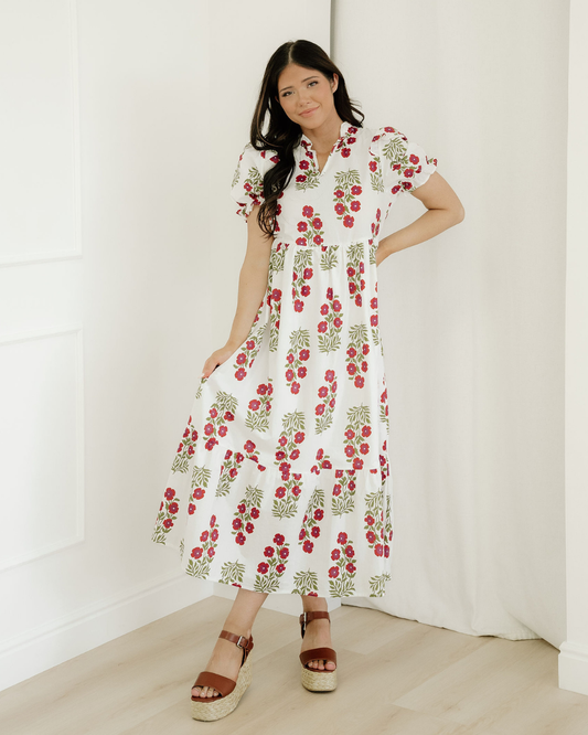 Kali Floral Short Bubble Sleeve Tiered Maxi Dress - Beige