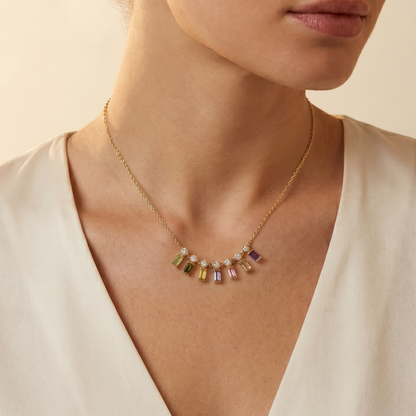 IGI Certified 0.65 Ct Baguette Multi Color Unheated Sapphire Diamond 14K Gold Rainbow Dangler Bar Necklace