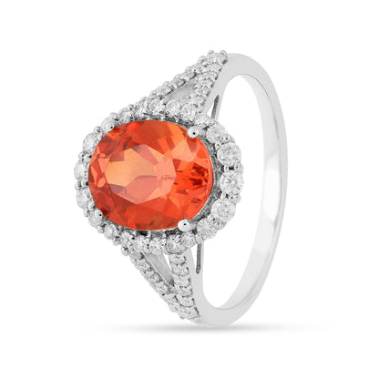 4.11 Ct Oval Lab Created Peach Sapphire and Moissanite Prong Silver Halo Statement Ring
