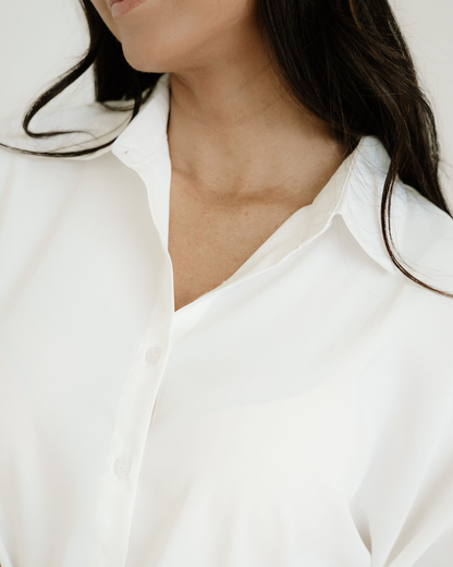 Wrenlee Plain 3/4 Batwing Sleeve Oversize Button Up Blouse - White