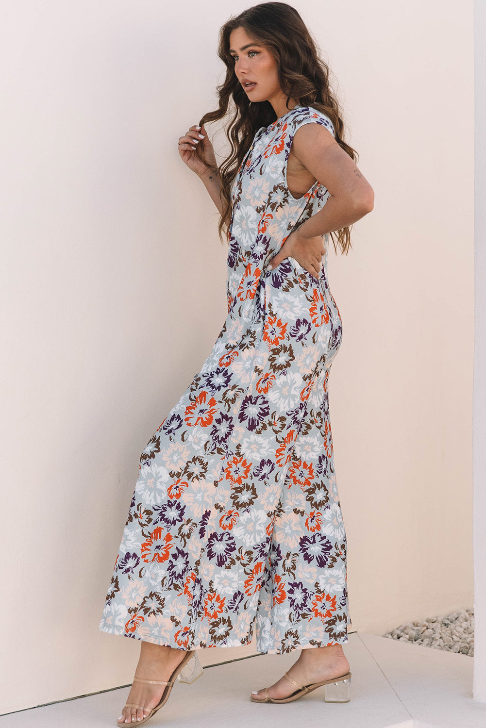 Threaded Pear Kylee Floral Sleeveless Buttoned Wide Leg Jumpsuit