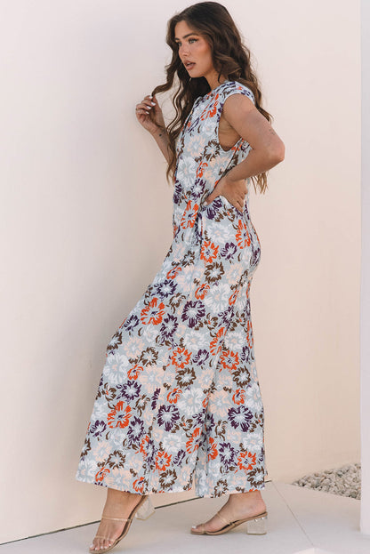 Threaded Pear Kylee Floral Sleeveless Buttoned Wide Leg Jumpsuit