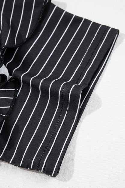 Black Stripe Ruffled Short Sleeve Crew Neck T Shirt Shift Mini Dress