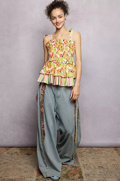 POL Floral Smocked Ruffled Cami with Tie Shoulder Straps