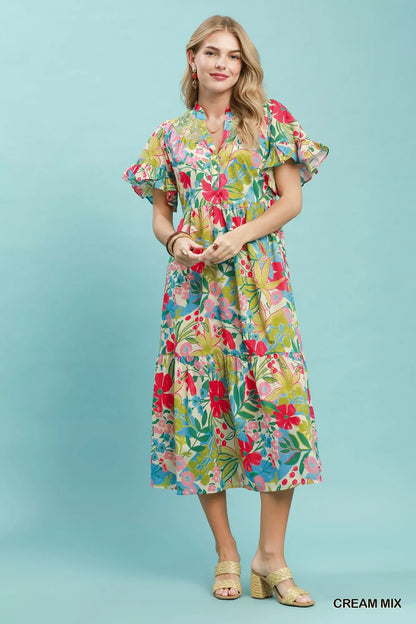 Umgee Tropical Floral Ruffle Sleeve Tiered Midi Dress in Cream