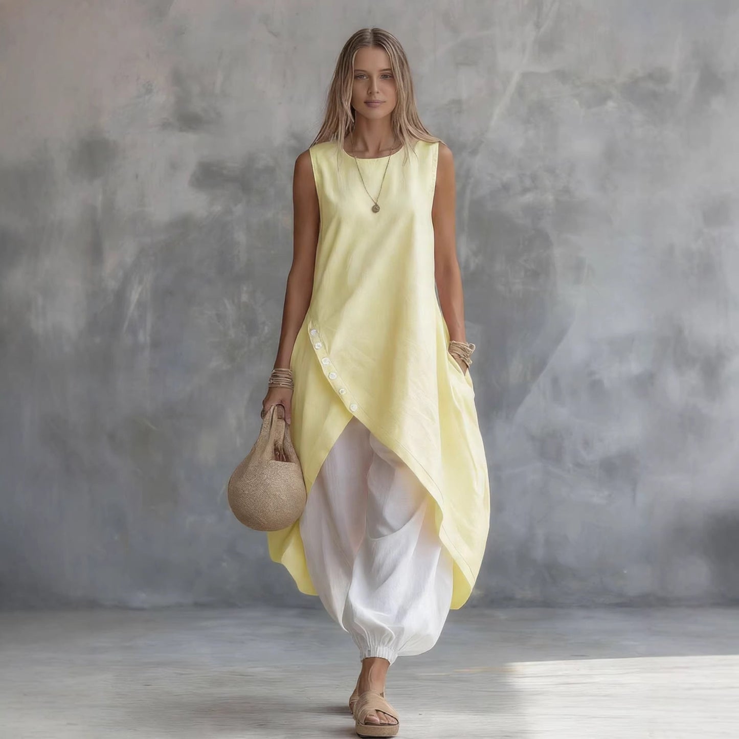 Women's Sleeveless Asymmetric Tunic & Harem Pants Two-Piece Set