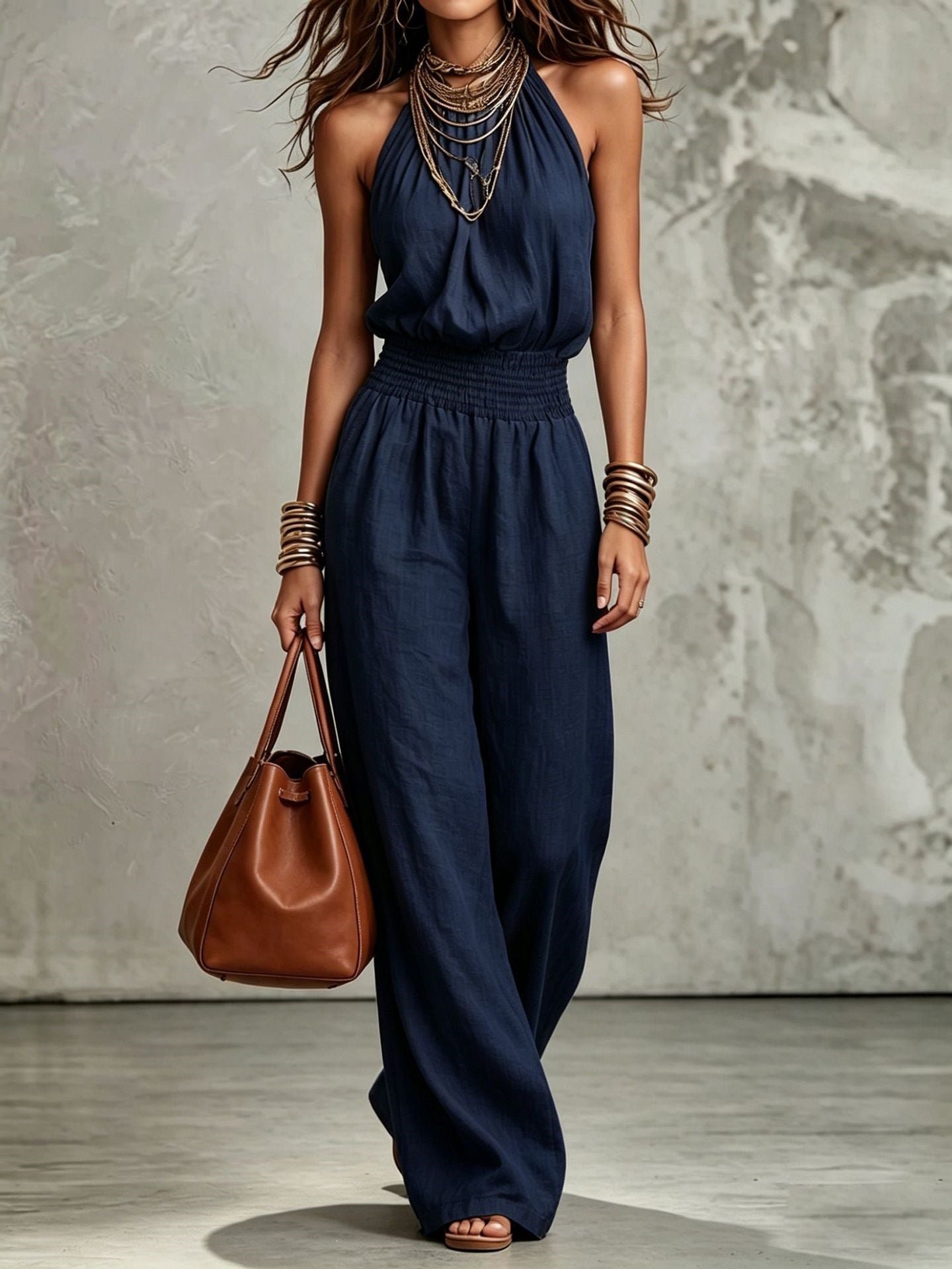 Women's Sleeveless Backless Lace-Up Halter Wide-Leg Jumpsuit