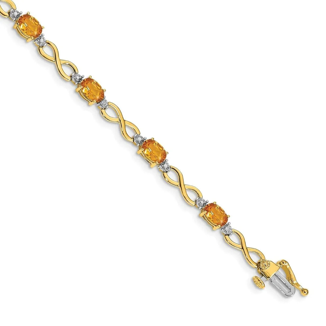 14K Gold Infinity Genuine Citrine and Diamond Bracelet
