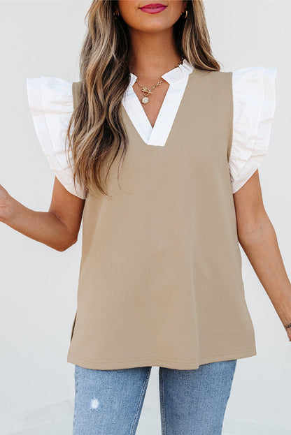 Threaded Pear Serena Contrast V Neck Ruffled Textured Knit Top